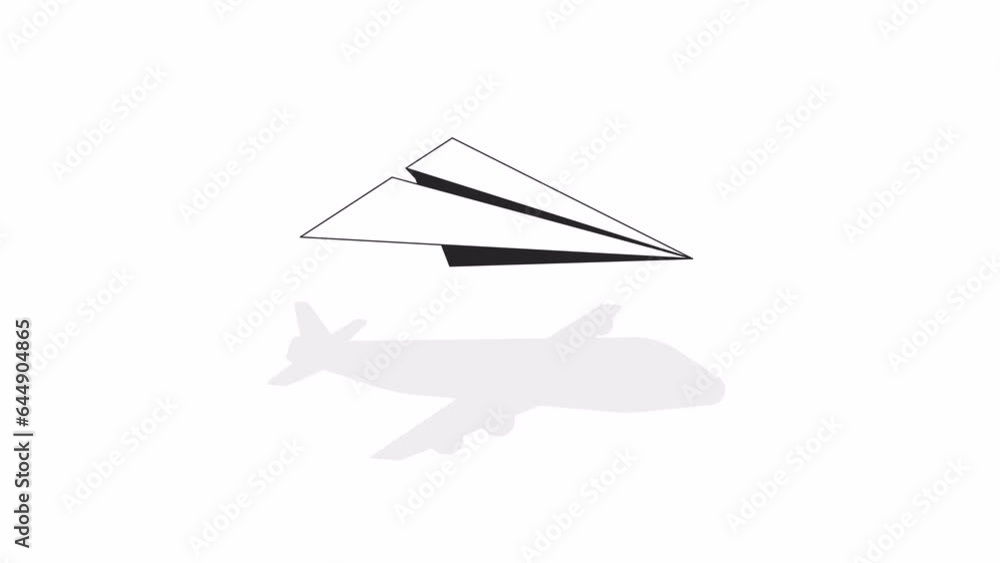 Poster paper plane shadow bw outline 2d object animation. transformation change monochrome linear cartoon 4