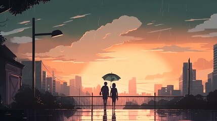 Fototapeta na wymiar Romantic Anime Couple Walking in Rainy Season of City Sunset.