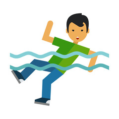 Careless man drowning in water flat vector icon. Person in danger calling for help in sea or river with big waves isolated on white background. Activities and professions, accident, safety concept