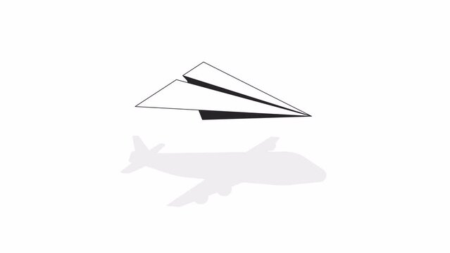 Paper plane shadow bw outline 2D object animation. Transformation change monochrome linear cartoon 4K video. The way forward. Beginnings. Origami transport animated item isolated on white background