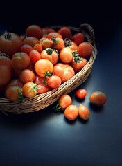fresh tomatoes, harvested tomatoes in a basket, summer harvest, tomatoes of various sizes, small tomatoes, harvest from the garden
