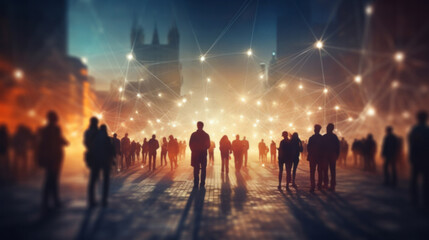 View of a crowd with a network of connections. Big data, smart city, wifi concept.