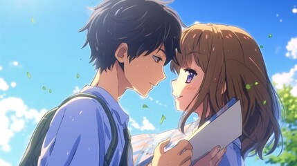 Summer Romance Anime couple A Sweet Kiss Under the Blue Sky - Cinematic Poster.