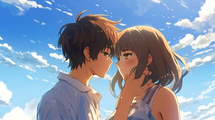 Summer Romance Anime couple A Sweet Kiss Under the Blue Sky - Cinematic Poster.