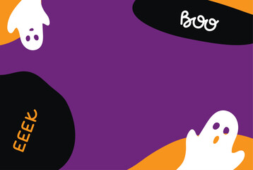 Happy Halloween. Template with white ghosts on purple background. Banner with place for text. Flat design. Vector illustration