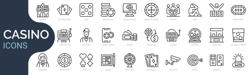 Set of outline icons related to gambling, casino. Linear icon collection. Editable stroke. Vector illustration