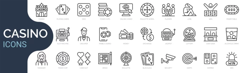 Deurstickers Lengtemeter Set of outline icons related to gambling, casino. Linear icon collection. Editable stroke. Vector illustration
