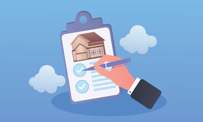 Real Estate Concepts Real estate contract, lease agreement or lease agreement.on blue background.Vector Design Illustration.