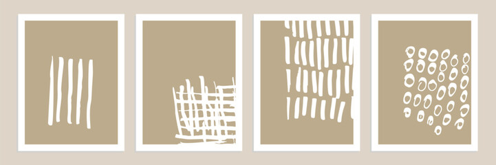 Set of abstract organic shapes, lines and textures in white on neutral nude and beige background.