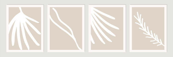 Set of abstract organic shapes, leaves, lines and textures in white on neutral nude and beige background.