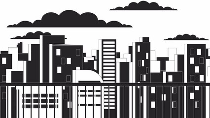Observation deck view bw outline cartoon animation. Rooftop 4K video motion graphic. Cityscape sunset with moving clouds 2D monochrome linear animated background full frame, lofi live wallpaper - Powered by Adobe