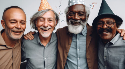 A joyful group of senior men clebrating a birthday in a studio. Generative AI