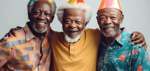 A joyful group of senior men clebrating a birthday in a studio. Generative AI