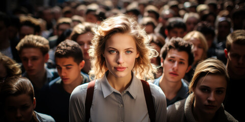 Obraz premium Singular Spotlight: Blonde Woman Amidst the Crowd's Sea