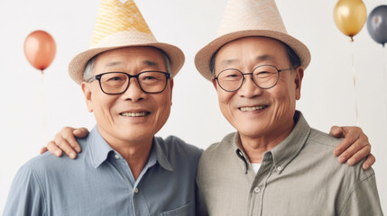 A joyful group of Asian senior men poses with a birthday cake in a studio. Generative AI