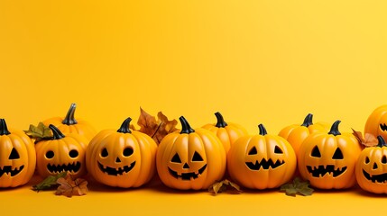 Happy Halloween pumpkin jack-o-lantern on a yellow background with copy space for text