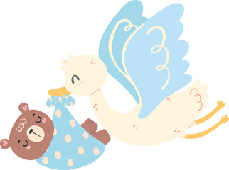 Baby shower bear boy, cute stork bird with baby bear