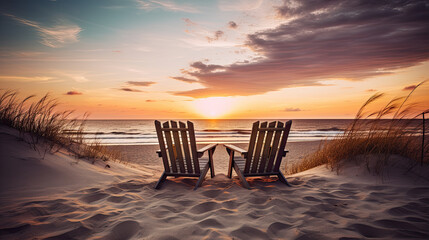 Two empty beach chairs on beach at sunset.