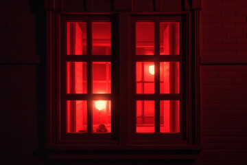 red light from the window. the red window shines mystically at night. mysterious red window. Generative AI
