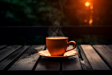 A cup of coffee on the wet wooden surface of the table. A hot invigorating drink.