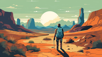 journey man dune landscape adventure backpack walking desert travel hike trek. Generative AI. - obrazy, fototapety, plakaty