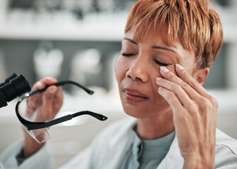 Stress, headache and science woman in the laboratory closeup with burnout during research or innovation. Anxiety, mental health and fail with a mature doctor in a lab for experiment or investigation