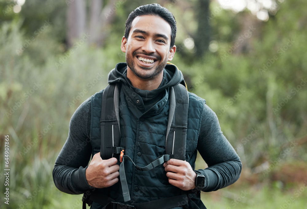 Canvas Prints Man, backpack and portrait with smile, happy and camping travel in the forest for holiday. Exercise, trekking workout and hiking in the woods for vacation with freedom in nature on a journey