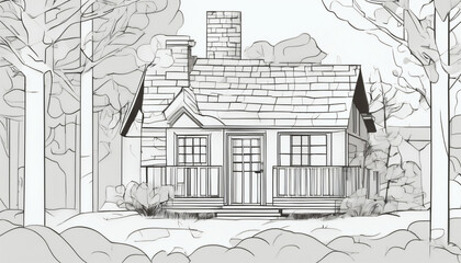 Line art drawing of a cosy home with a chimney