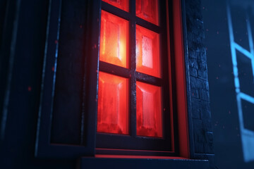 red light from the window. the red window shines mystically at night. mysterious red window. Generative AI