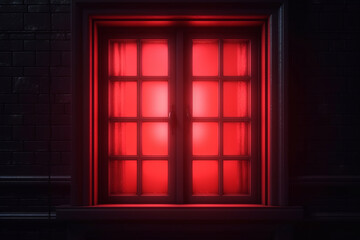 red light from the window. the red window shines mystically at night. mysterious red window. Generative AI - obrazy, fototapety, plakaty