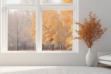 stylish empty room in white color with autumn landscape in window. Scandinavian interior design. generative ai.