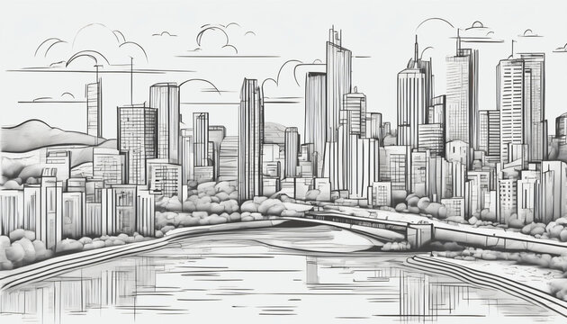 Line art river through city with skyscrapers and cloudy sky © liamalexcolman