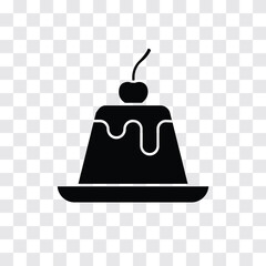 Pudding topped with cherry on plate silhouette icon. Fresh dessert illustration of a piece of caramel pudding topped with cherry. Vector illustration.