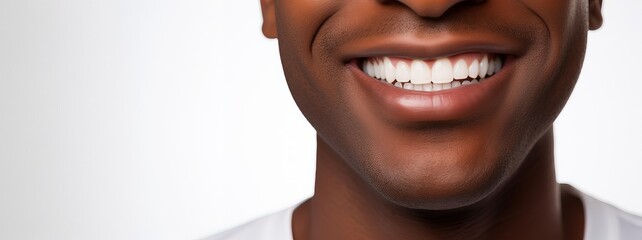 Photo with copy space of a muth of a smiling young African American man on a white background. Perfectly straight teeth. Dentistry and teeth whitening concept. - obrazy, fototapety, plakaty