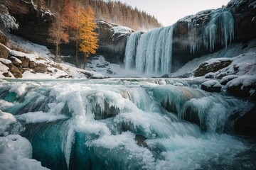 Serene Winter Waterfall in an Autumn Landscape