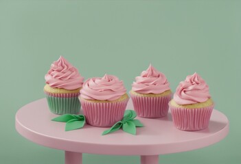  cute pink cupcakes on a pink table on light green background with pink ice frosting.