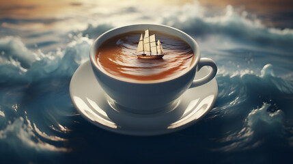 Cup of coffee where the coffee foam is depicted as a yacht on the waves and sunset. Sea background - obrazy, fototapety, plakaty