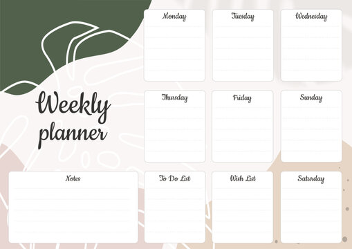 Weekly planner with plants. Beige, green and white colors. Vector illustration.