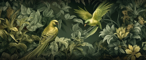 bird tropical wallpaper nature palm jungle leaf exotic flower art. Generative AI.