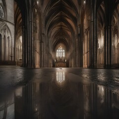 A symmetrical reflection of a gothic cathedral in a rain puddle3
