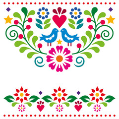 Mexican folk art style vector greeting card or wedding invitation design with flowers and two birds
- 644909851
