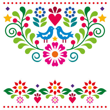 Mexican folk art style vector greeting card or wedding invitation design with flowers and two birds
 