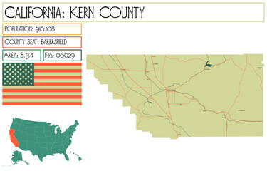 Large and detailed map of Kern County in California, USA.