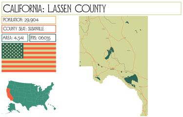 Large and detailed map of Lassen County in California, USA.