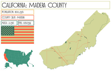 Large and detailed map of Madera County in California, USA.