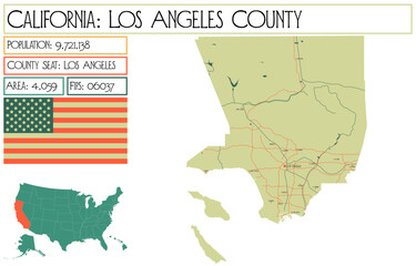 Large and detailed map of Los Angeles County in California, USA.