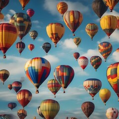 A colorful hot air balloon festival with balloons rising into a clear blue sky1