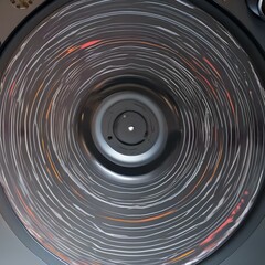 A close-up of a vinyl record spinning on a turntable, capturing the grooves and music4