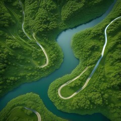 An aerial view of a river meandering through a lush, green valley4