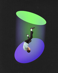 Contemporary art collage. Composite image of falling down upset, depression businessman from green...